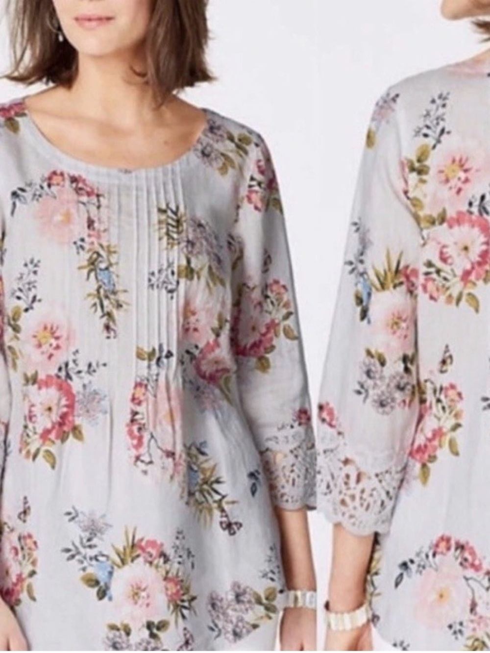 J Jill 100% Linen Women's Floral Crochet-Sleeve Top Blouse Size XL